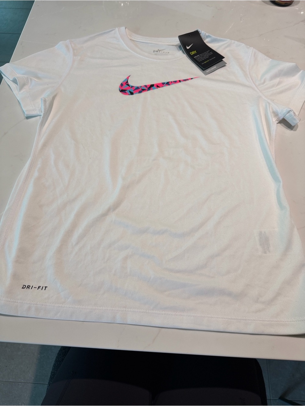 Nike Dri-FIT White Tee with Pink/Blue Patterned Swoosh Girls XL NEW WITH TAGS